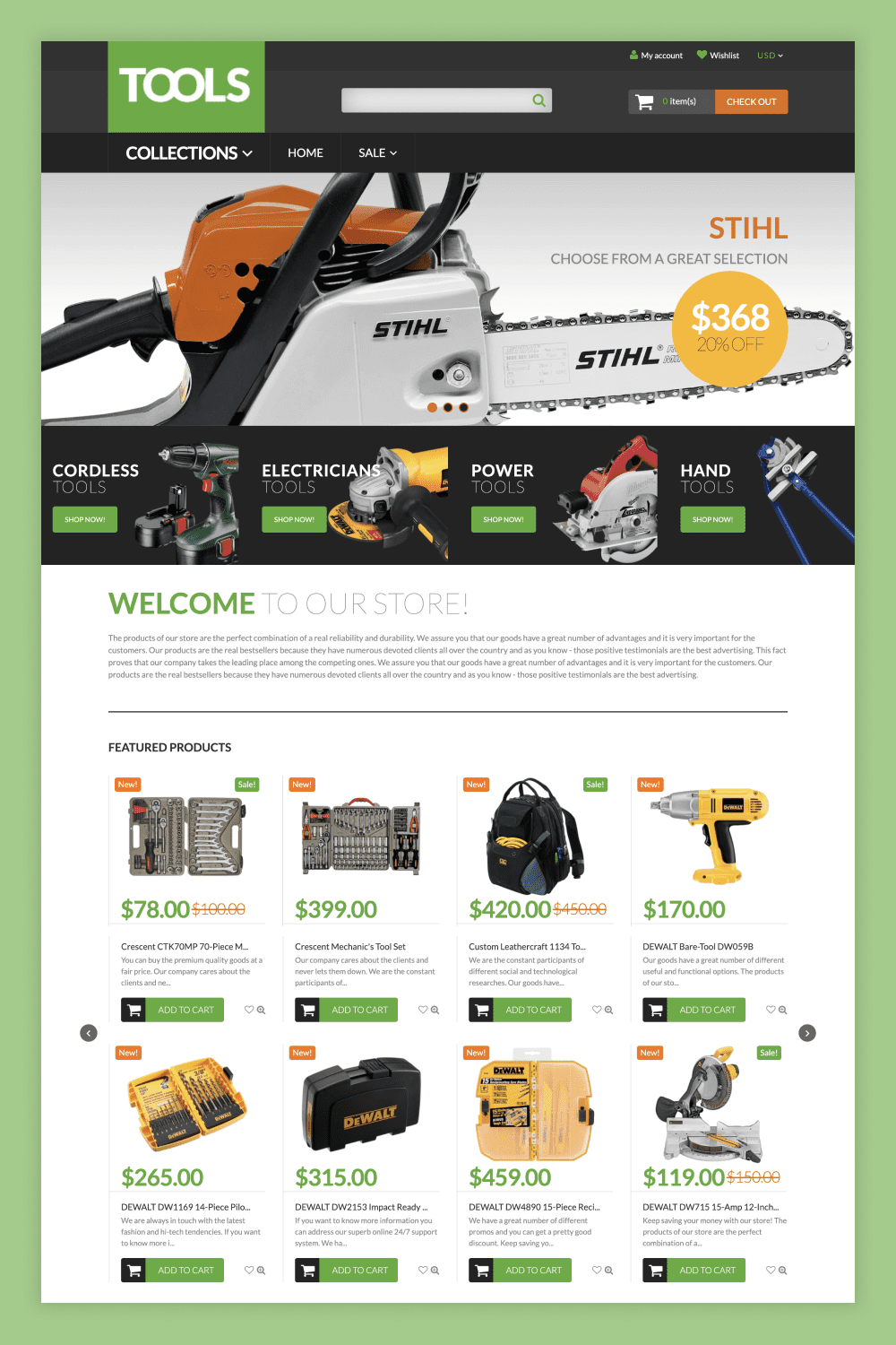 Screenshot of the main page of the store with a photo of tools and a slider with a chainsaw.