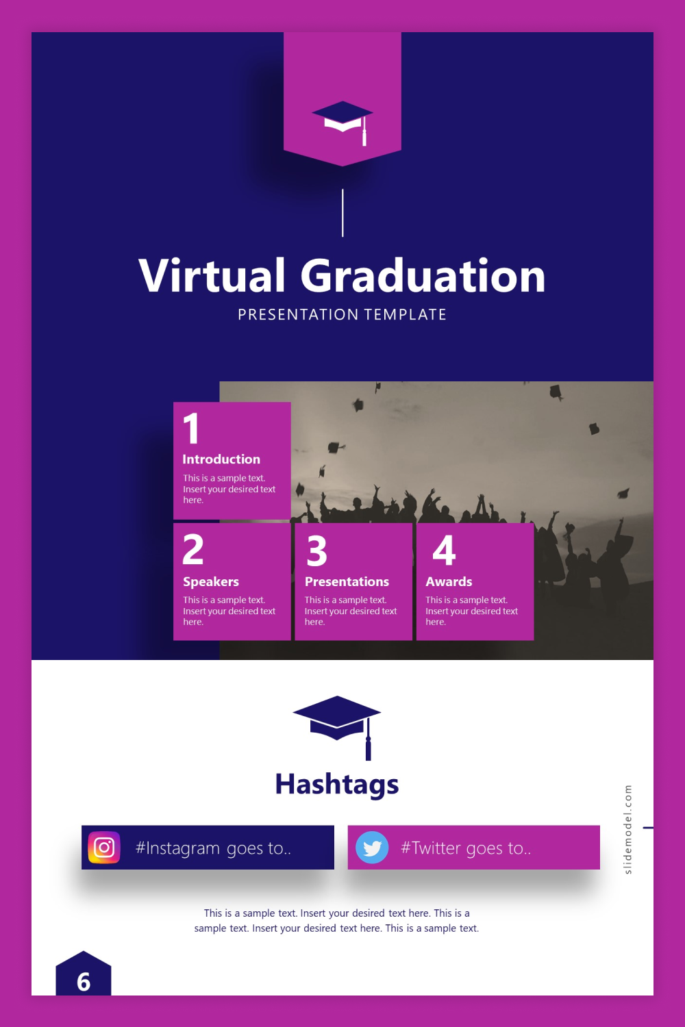 Collage of presentation pages with blue background and pink list squares.