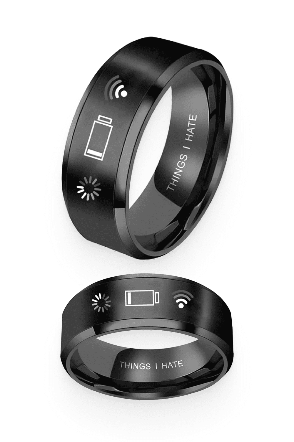 Images of the AJZYX 8mm Black Stainless Steel Ring with Things I Hate, Buffering, Low Battery, Weak WI-FI.