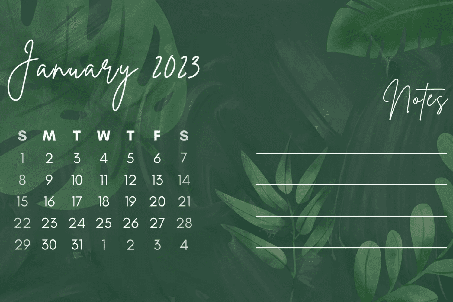 Calendar with green and white color palette and a separate column for your notes.