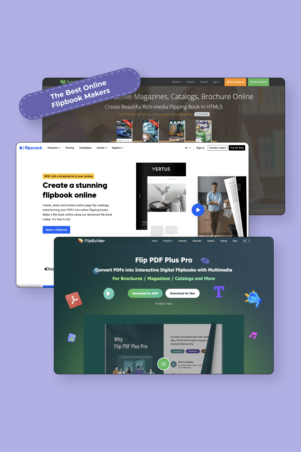Collage with screenshots of the websites of flipbooks.