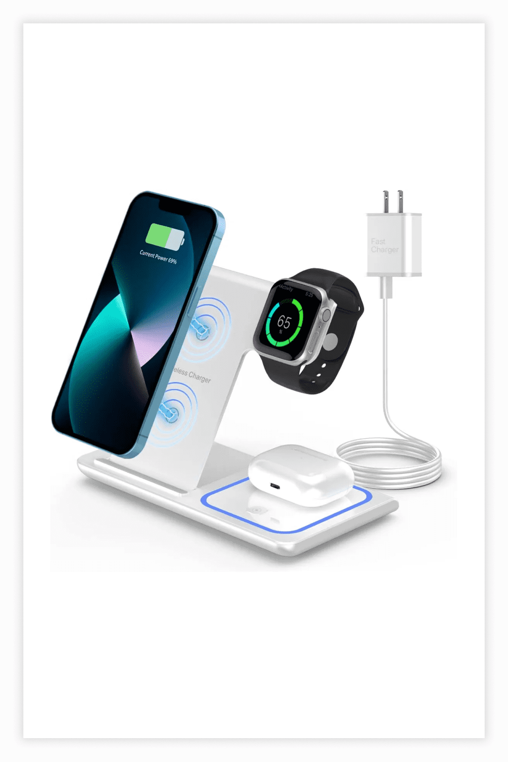 Image of wireless charging for phone, watch and headphones.