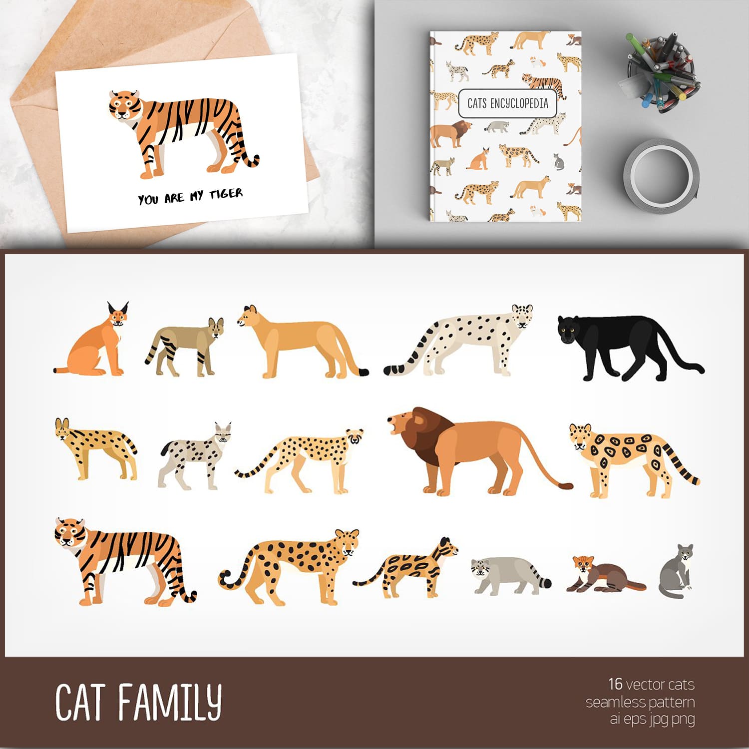 Felidae (Cats) Set And Seamless Cover.