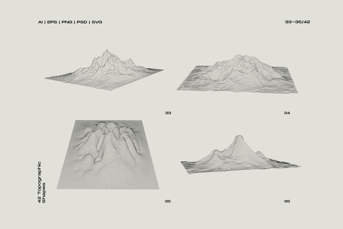 A set of 4 different 3d gray topographic shapes on a gray background.