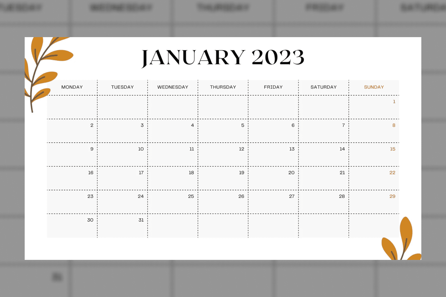 Calendar for January with a white background and yellow painted leaves around the edges.