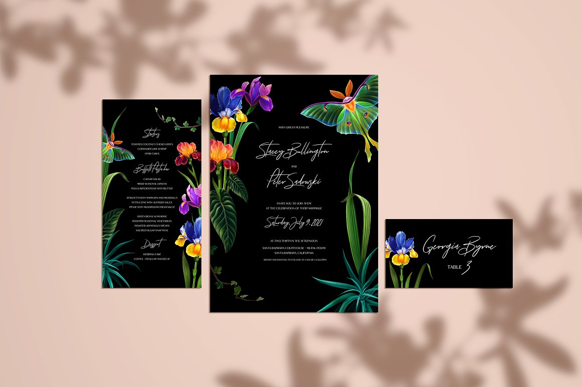 Black collection of 3 different cards with floral illustrations and white lettering on a pink background.