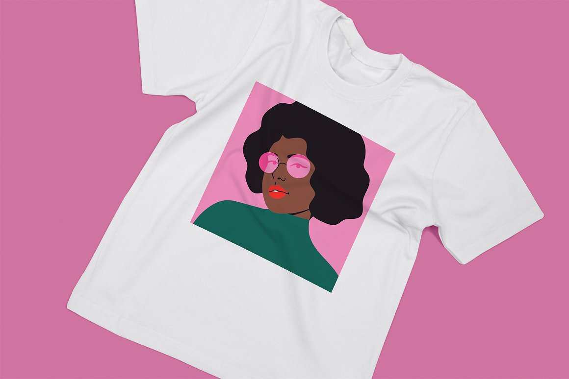 White t-shirt with 70s girl illustration on a pink background.