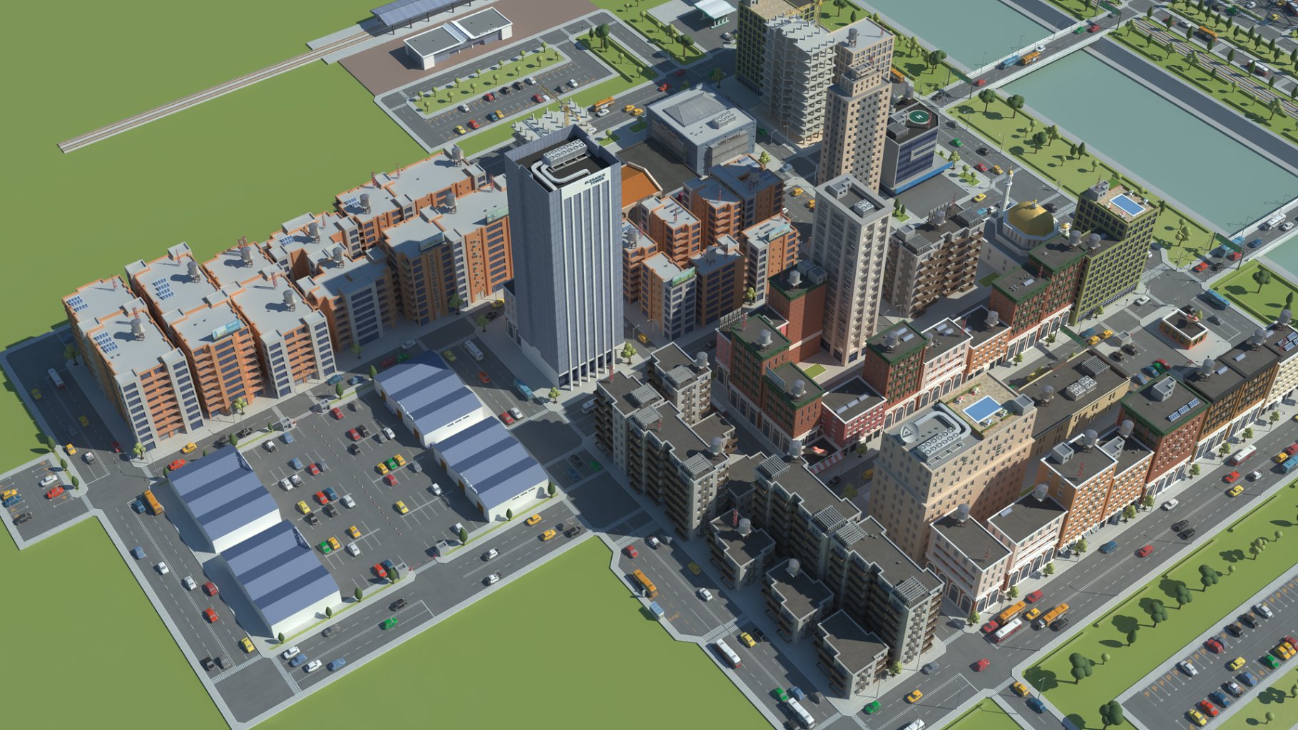 Rendering of a colorful lowpoly 3d city model