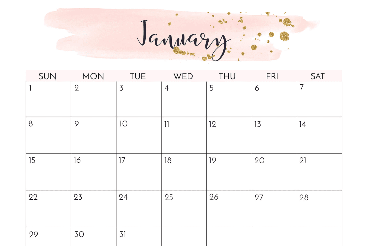 Calendar for January with a white background and a watercolor background in beige-pink.