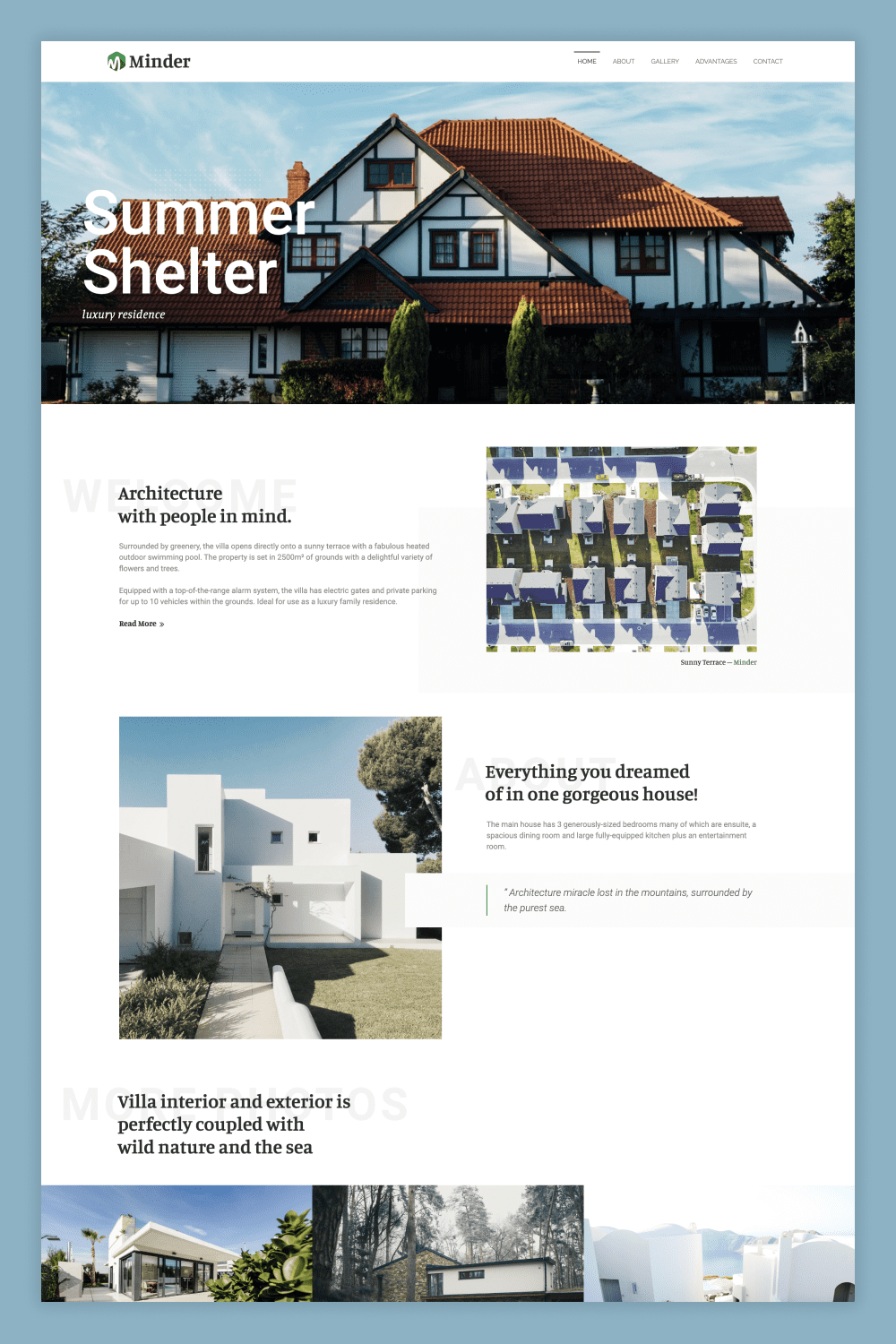 Screenshot of the main page of the site with photos of country houses and small text.
