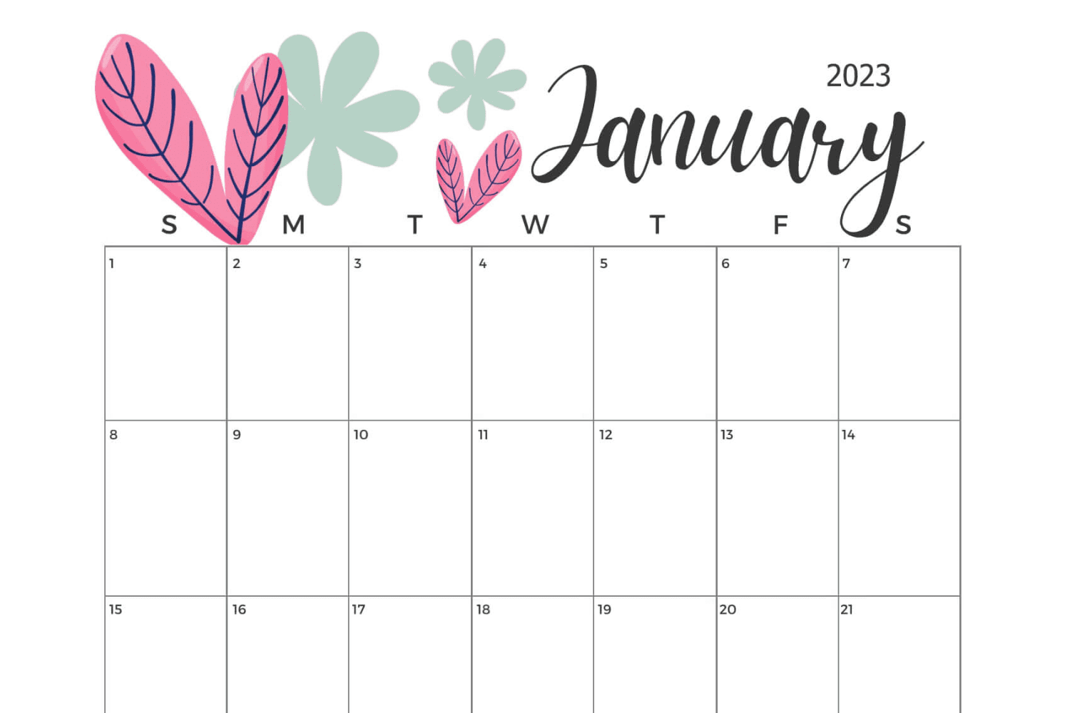 Calendar for january with white background painted pink leaves and green flowers.