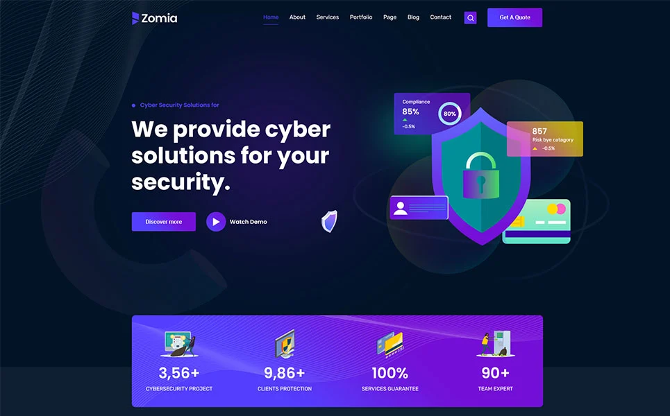 Dark homepage of zomia multi-purpose wordpress theme for saas startup.