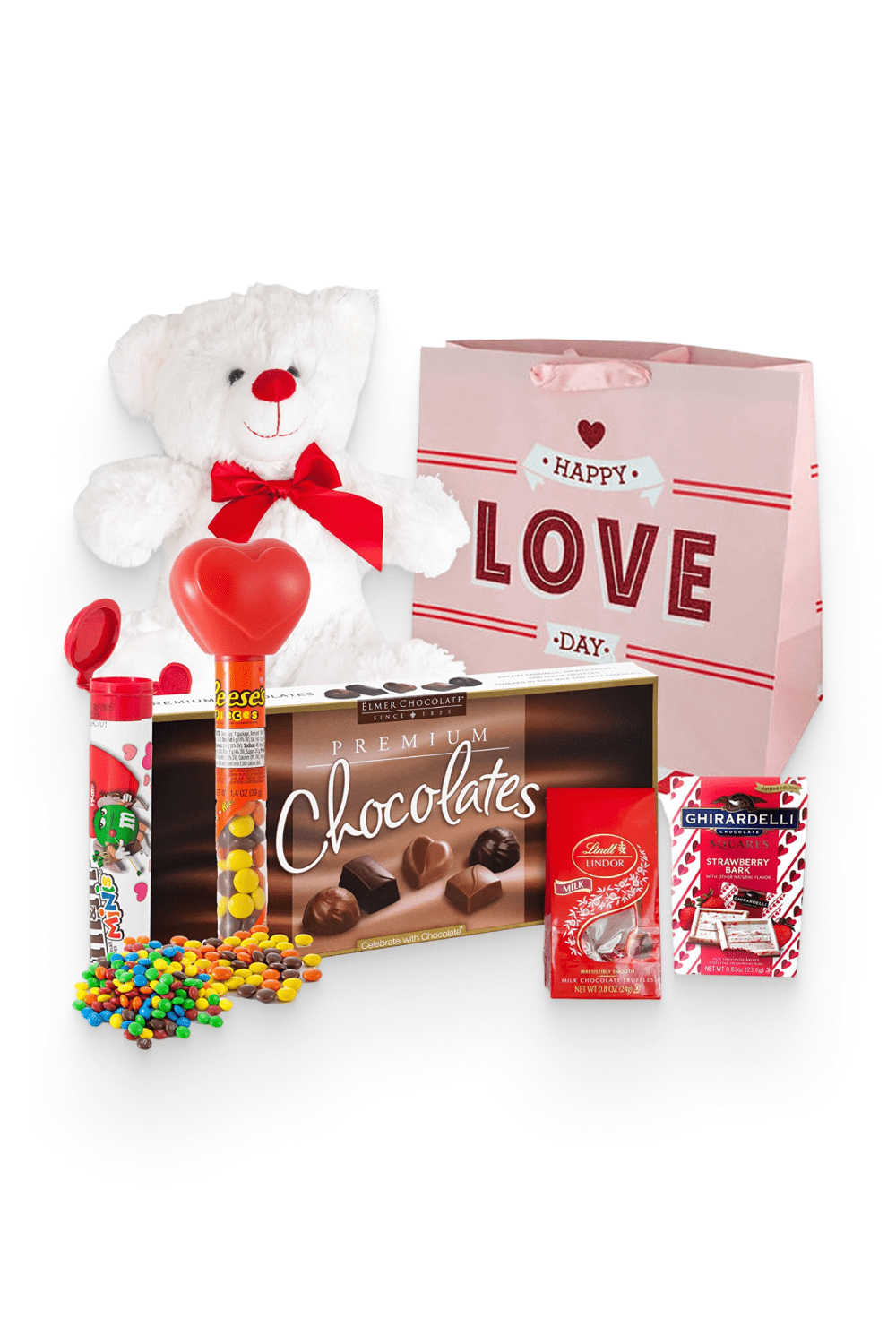 12 Inch Teddy Bear Plush, Lindor Milk Truffles, Hershey Reeses Pieces, Ghirardelli Strawberry, Elmer Sampler Chocolate, M&M Minis Tube & V-Day Gift Bag.