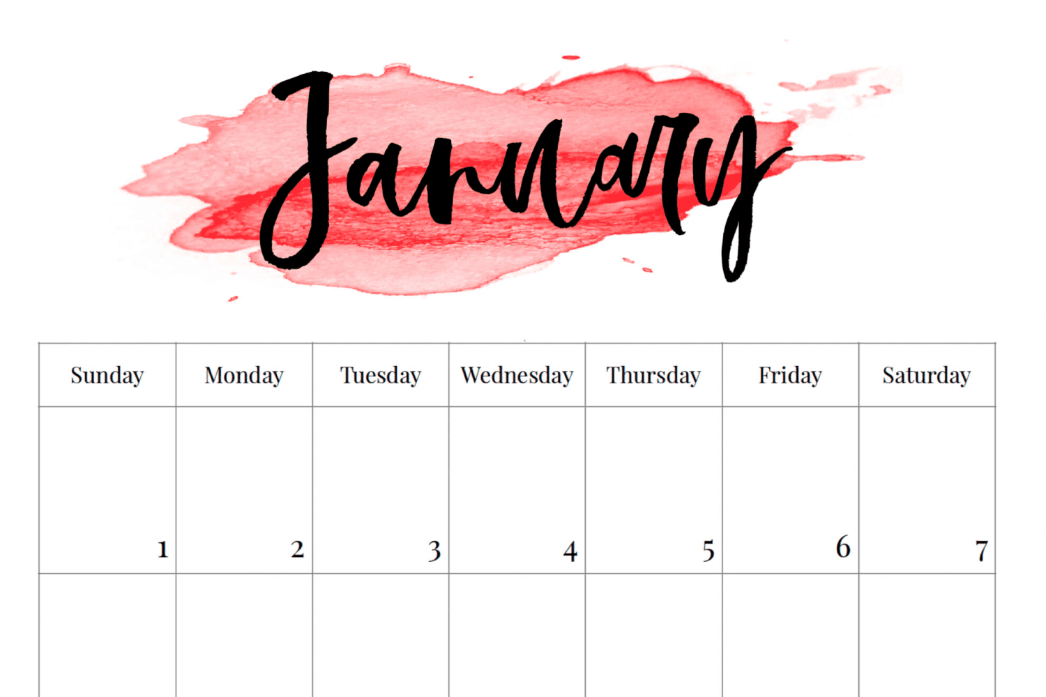 January calendar with red watercolor background.