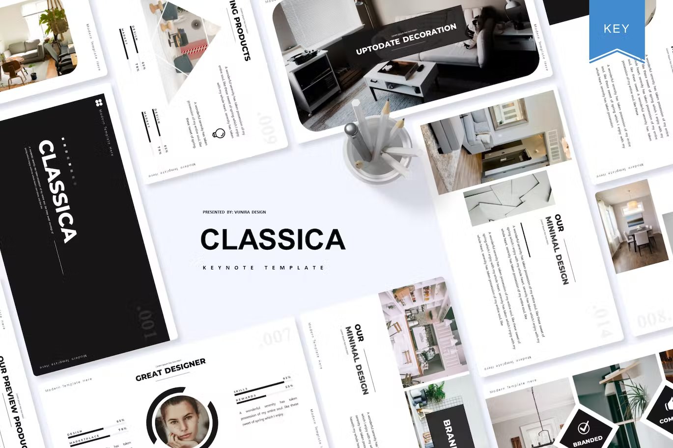 Black lettering "Classica Keynote Template" and different templates on a gray background.