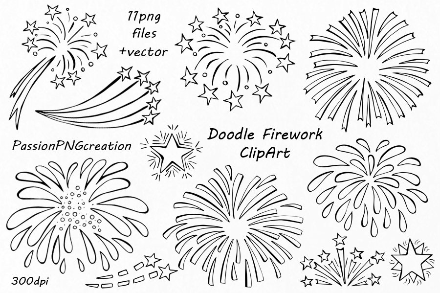 Black illustrations of doodle firework on a white background.