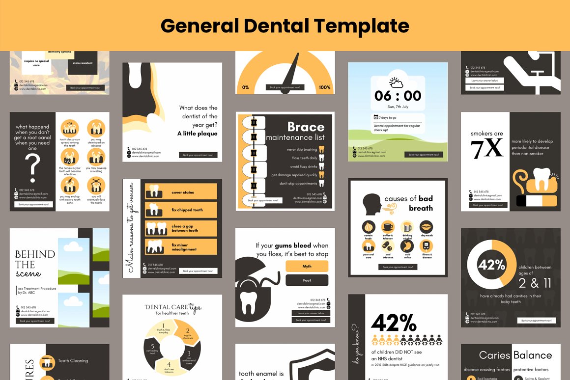 General dental template pack on a gray background.