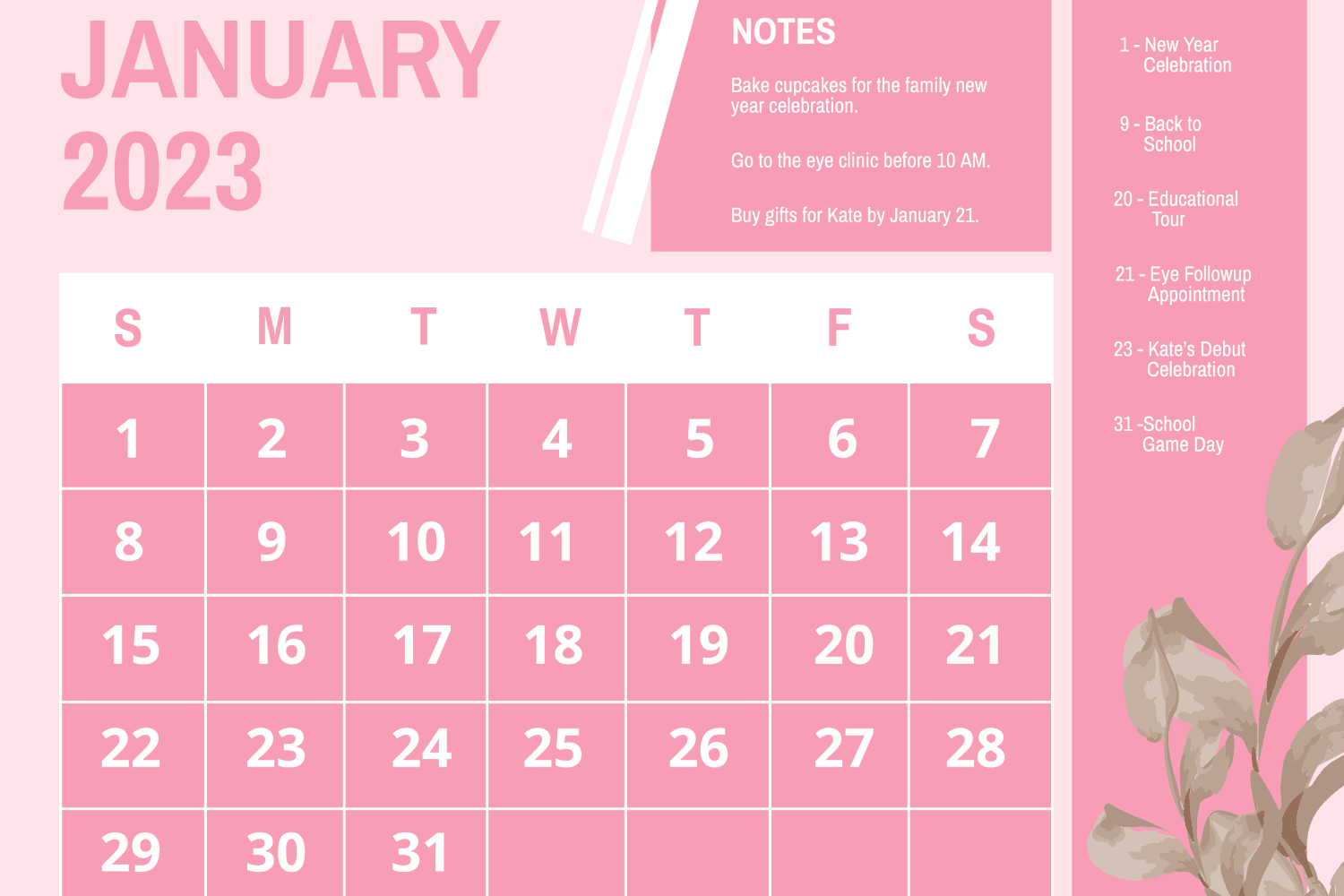 Beautiful pink Calendar with beige leaves and plenty of space.