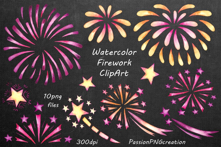 Watercolor Firework Clipart on the dark background.