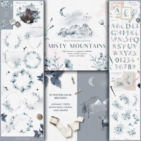 Misty mountains - watercolor clipart.
