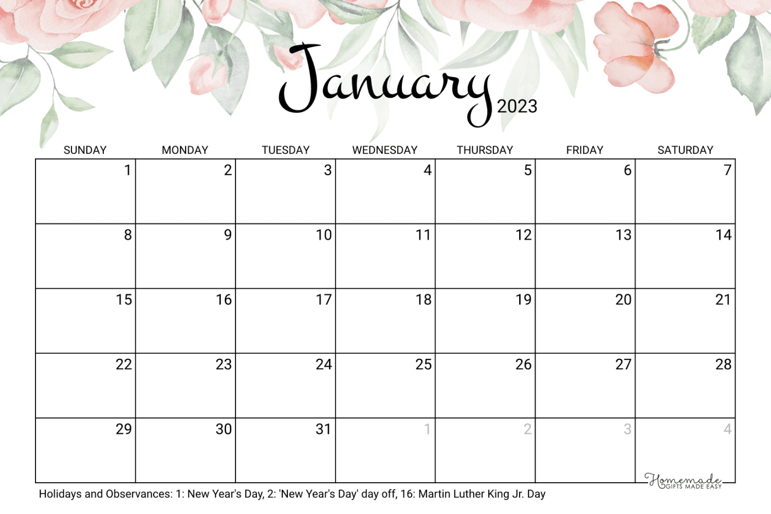 January calendar with white background, painted roses and holiday dates.