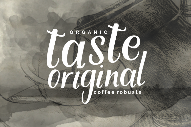White lettering "Organic Taste Original Coffee Robusta" on a gray background.