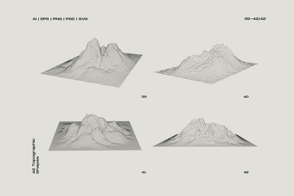 4 examples of topographic shapes on a gray background.