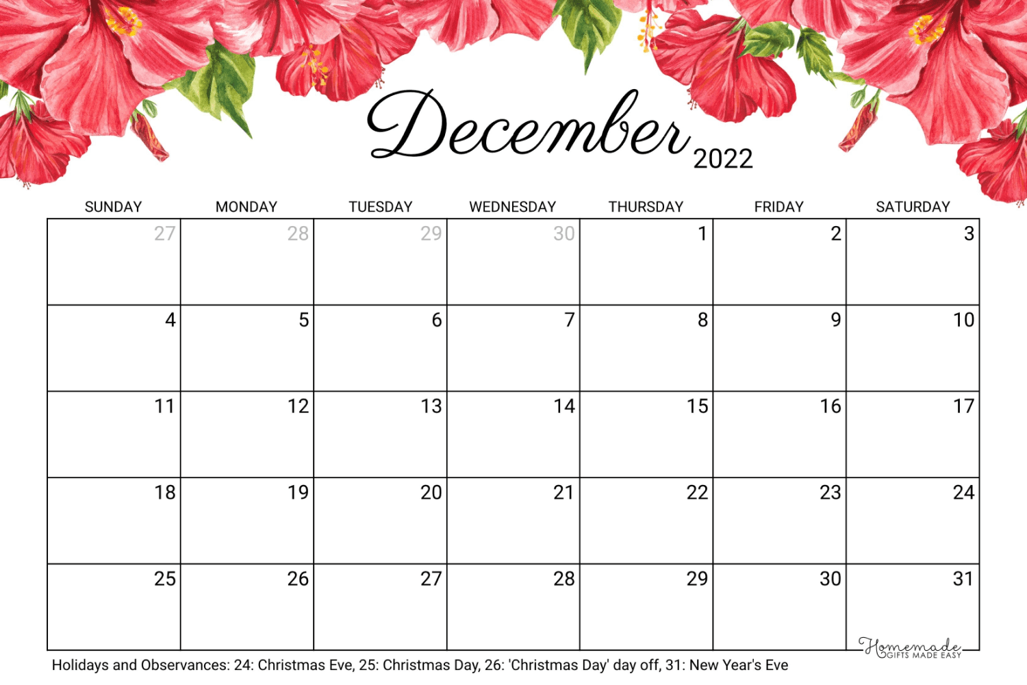 Calendar for January with a white background, painted red flowers and holidays.