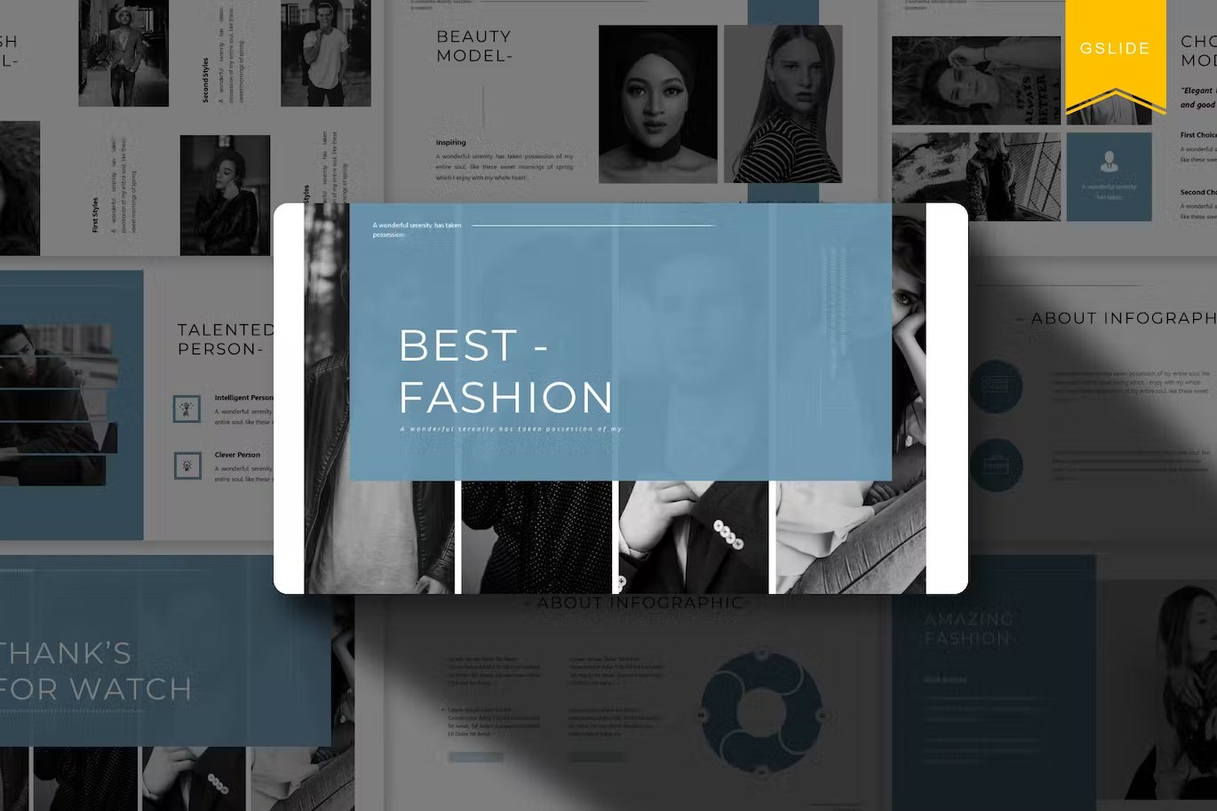 White lettering "Best Fashion" on the pastel slide and other templates.