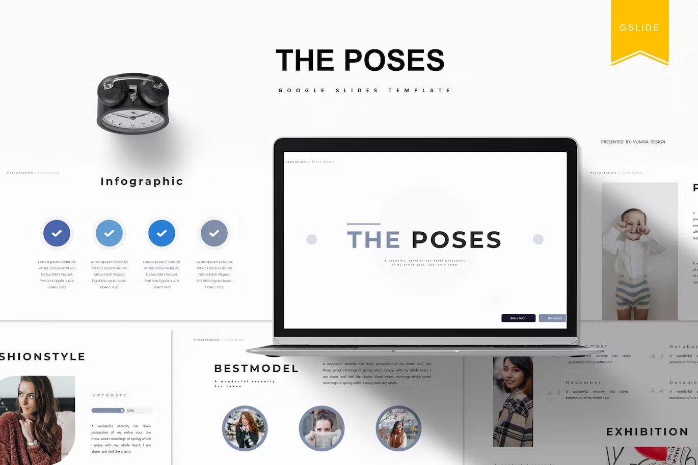 Black lettering "The Poses Google Slides Template" and different templates on a gray background.