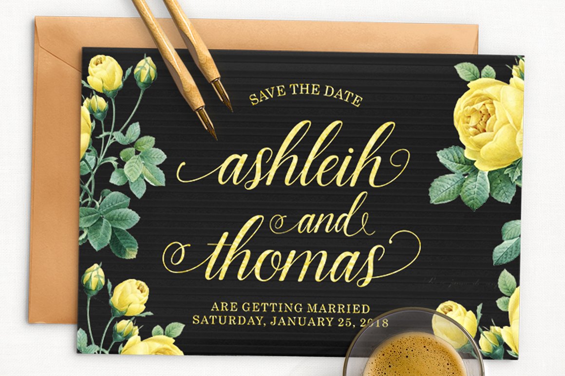 Black invitation card with golden lettering "Ashleih and Thomas".