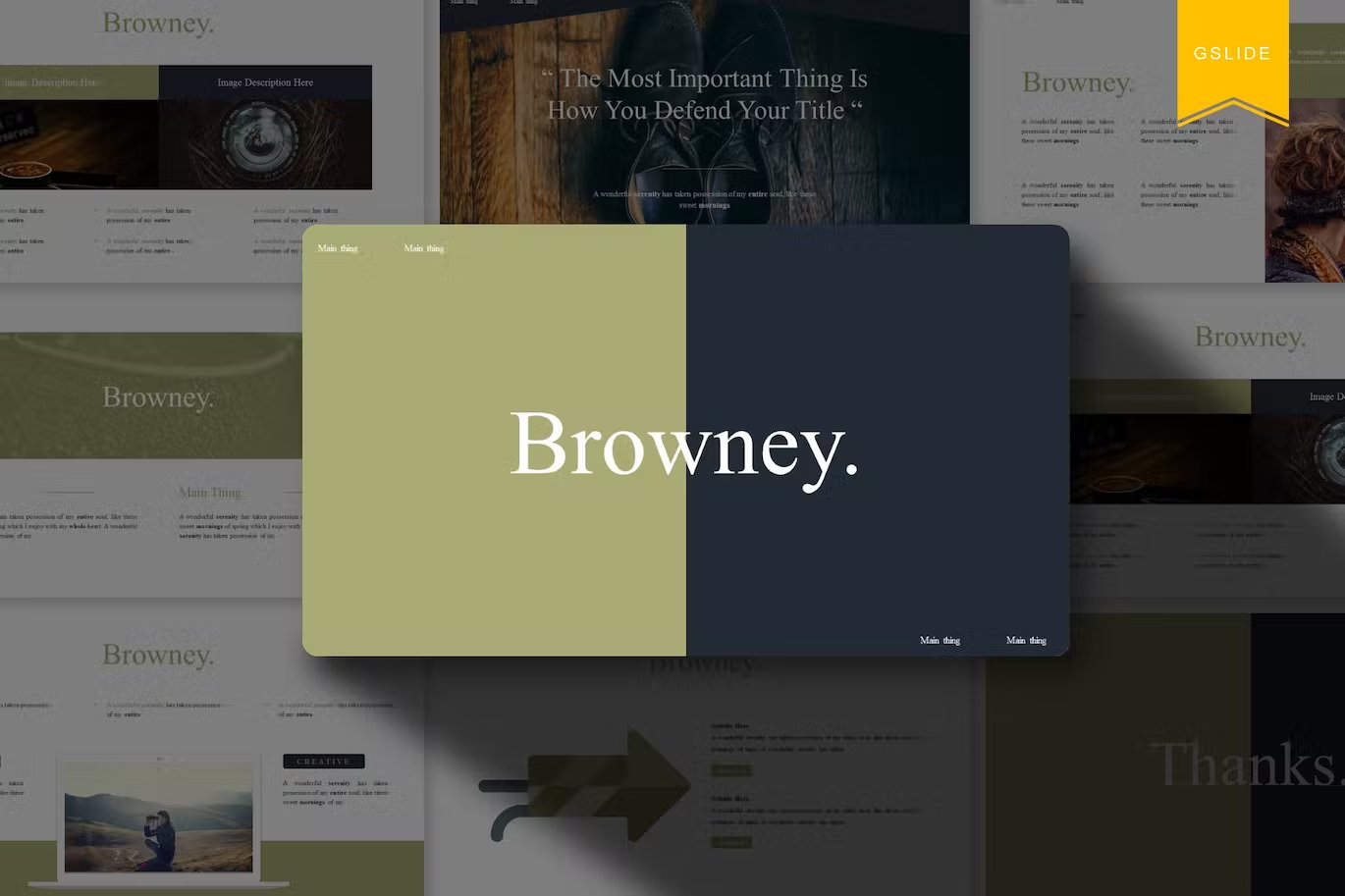 White lettering "Browney." on the olive and dark gray slide and other templates.