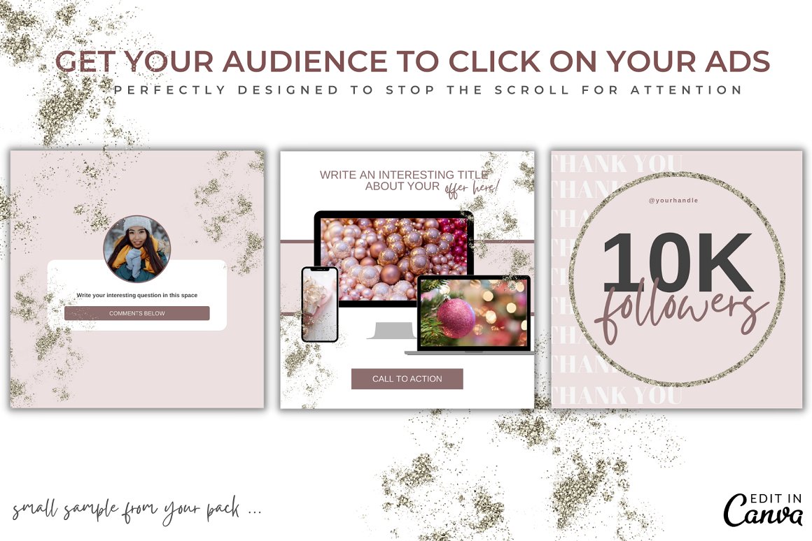 Pink lettering "Het your audience to click on your ads" and 3 templates.