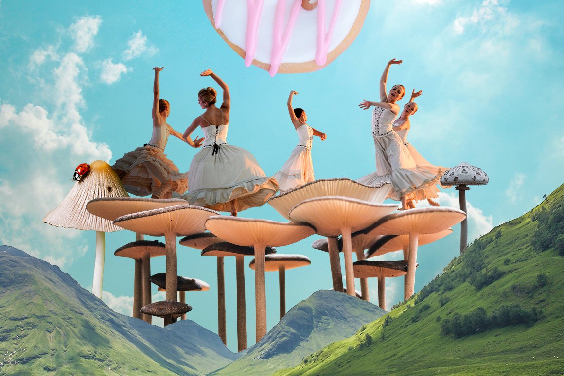 Illustration of ballerinas on mushrooms against the mountains.