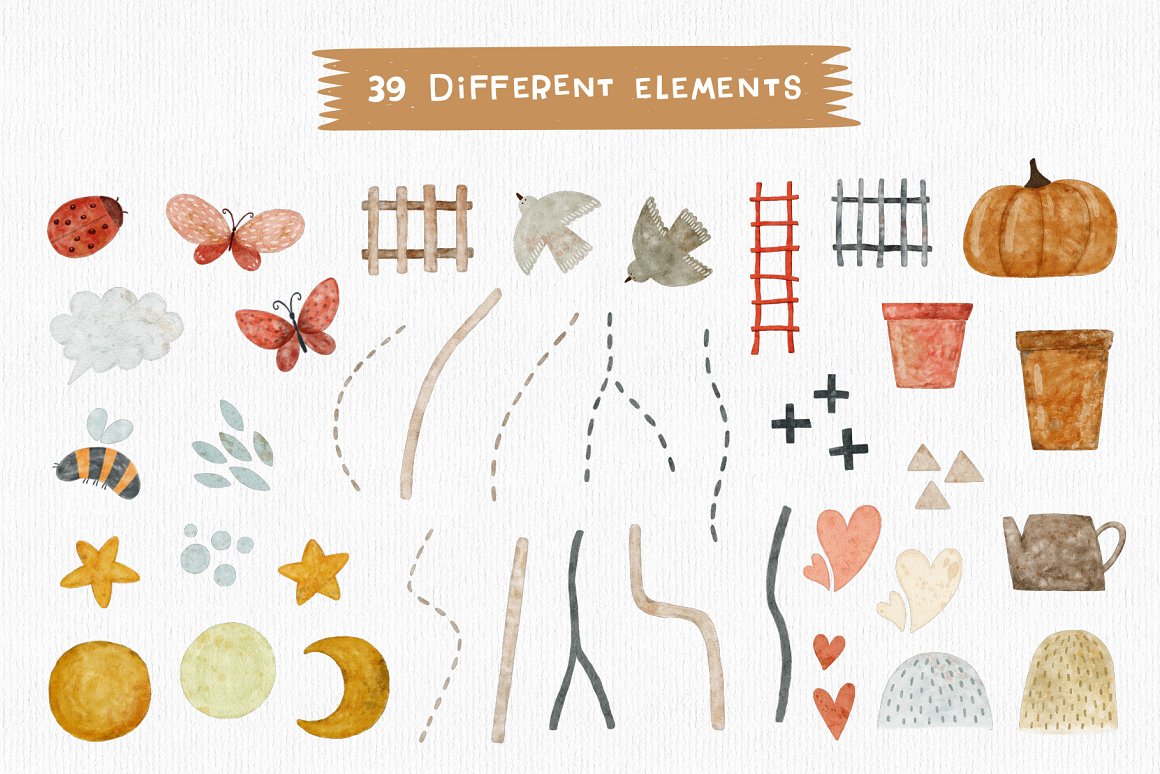 39 different elements on a gray background.