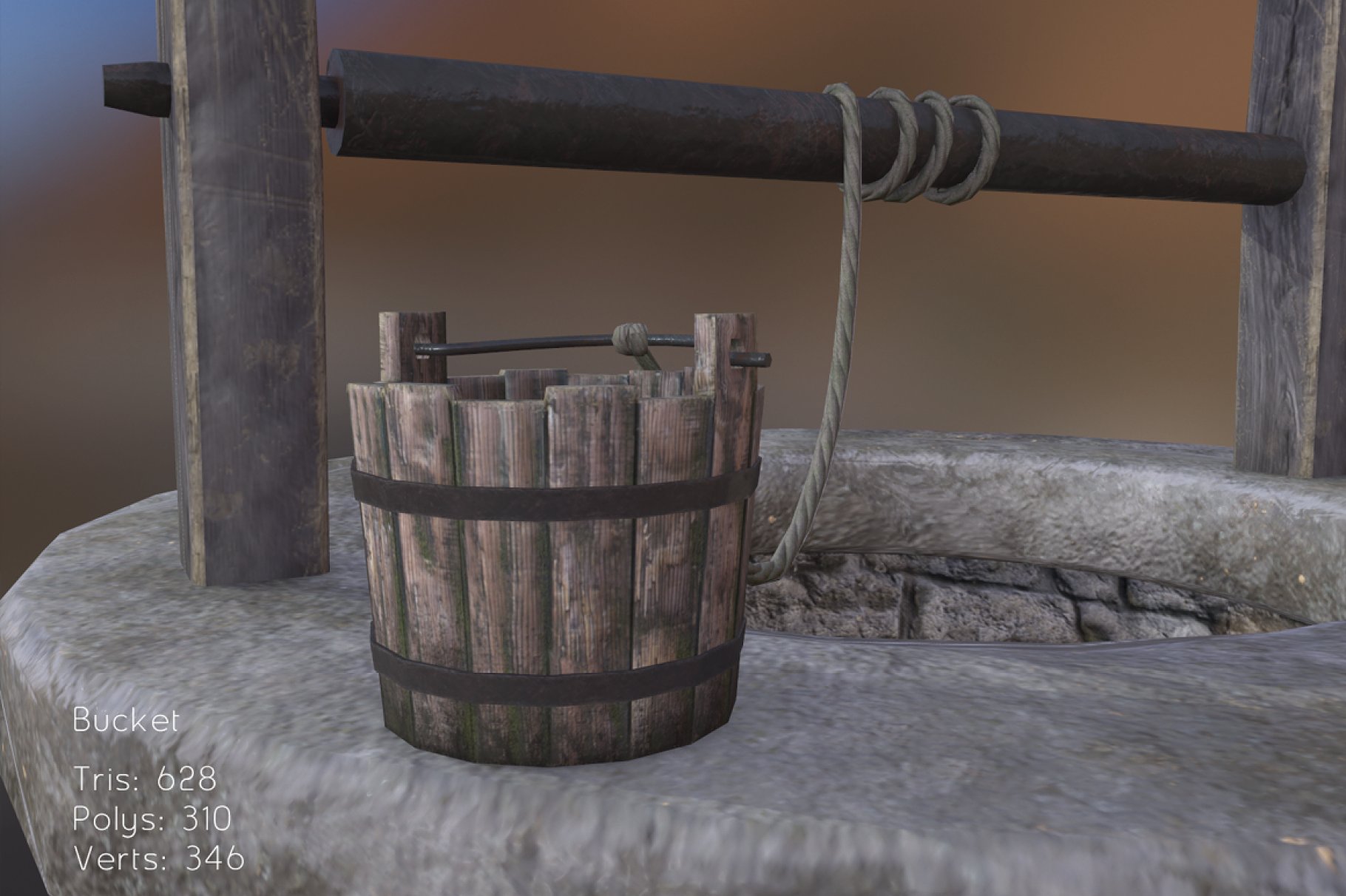 Close-up mockup of medieval well with bucket.