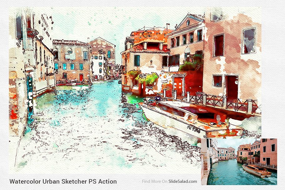 Watercolor Urban Sketcher Photoshop Action Turns your photo into a masterpiece of Urban Sketch.