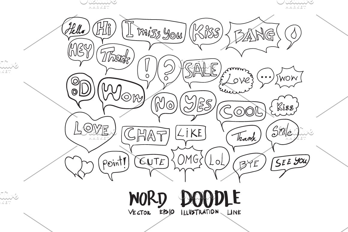 Word black doodle icons kit on a white background.