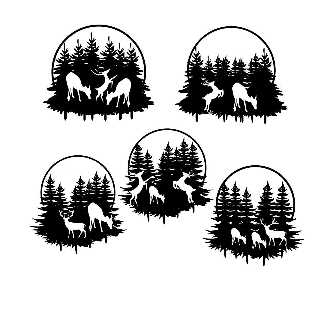 Set of four black and white silhouettes of deer in the woods.