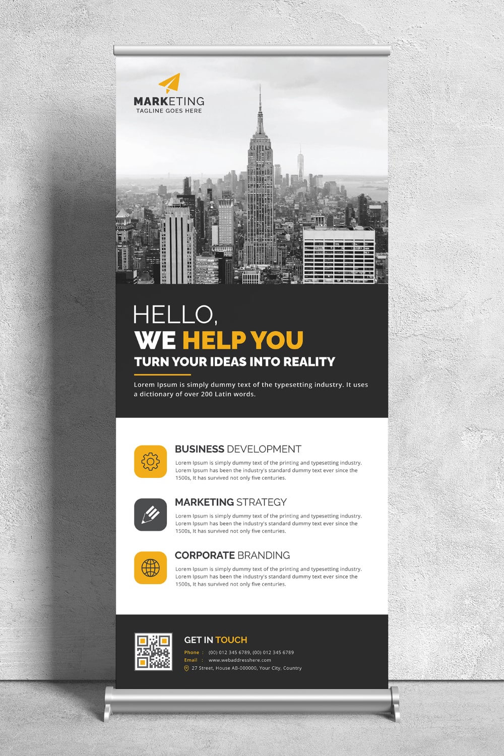 Image of corporate roll up banner in exquisite yellow design