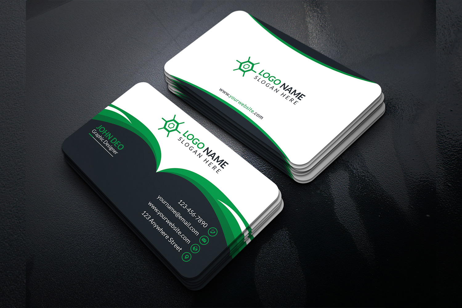 Creative Business Card Green Design Template preview image.