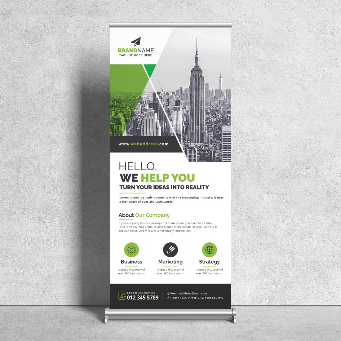 Image of a corporate roll up banner in a beautiful green design