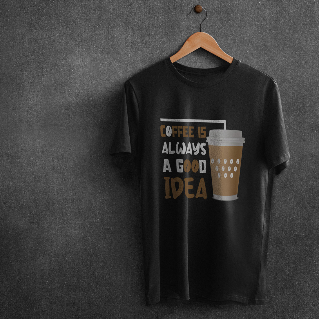 Image of a black t-shirt with a charming coffee-themed print