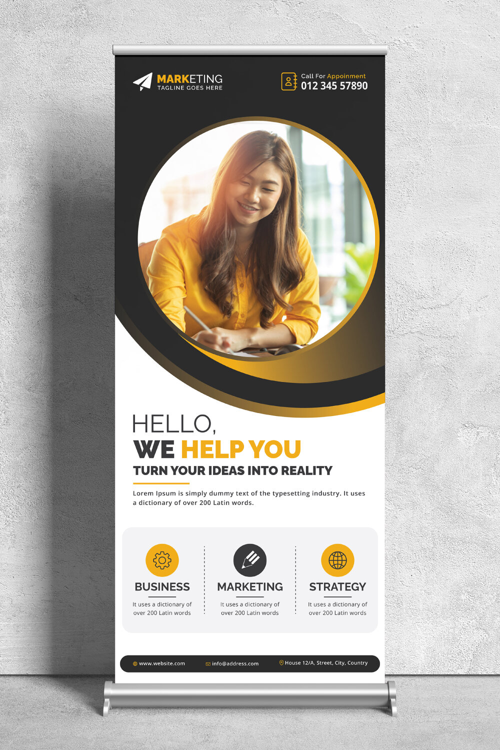 Image of corporate roll up banner in irresistible yellow design