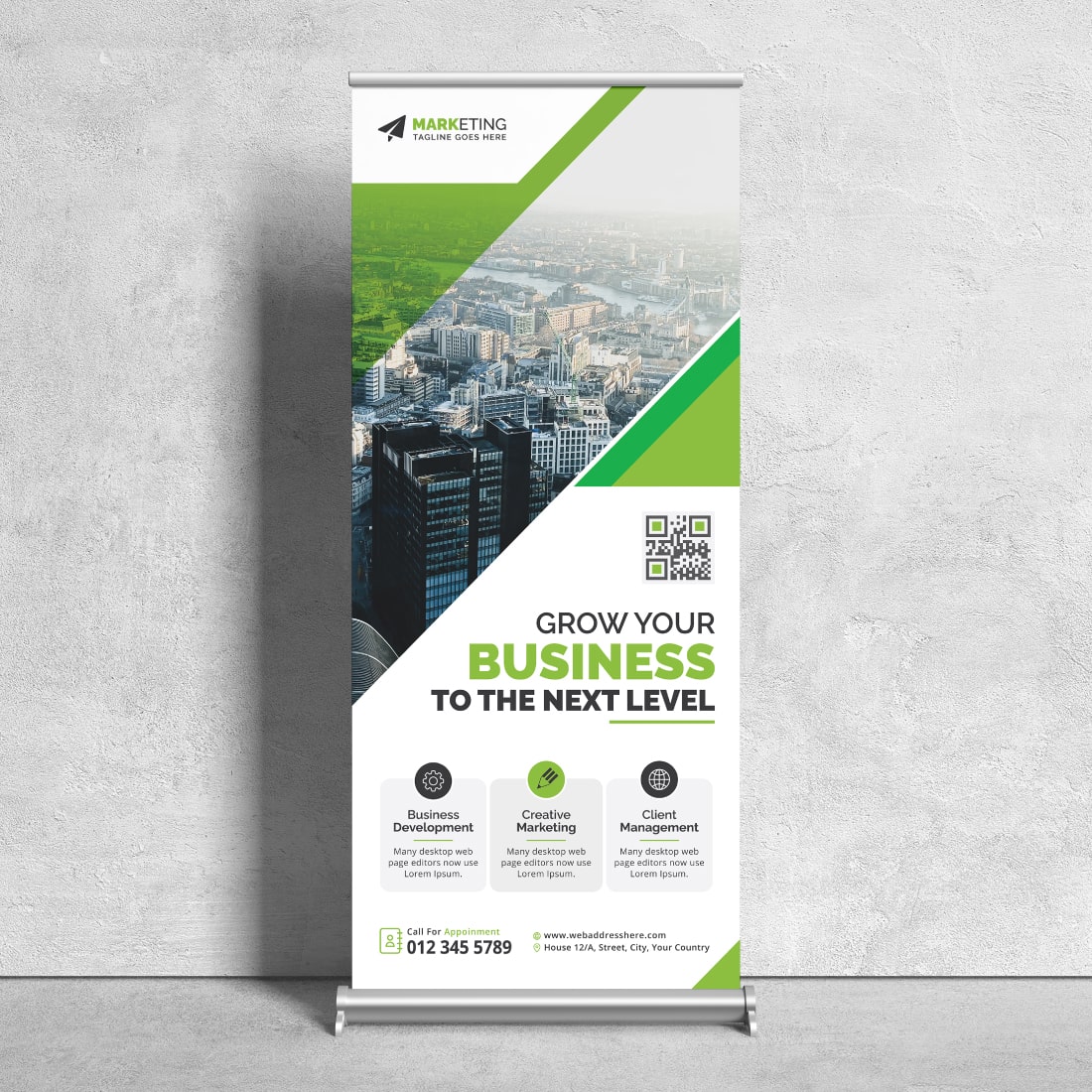 Image of a corporate roll up banner in a beautiful green design