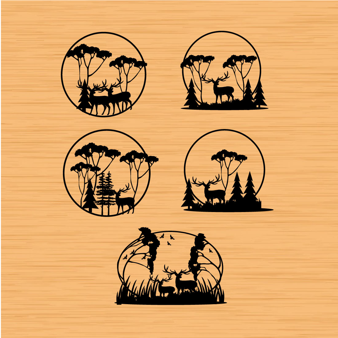 Set of four rubber stamps with a forest scene.