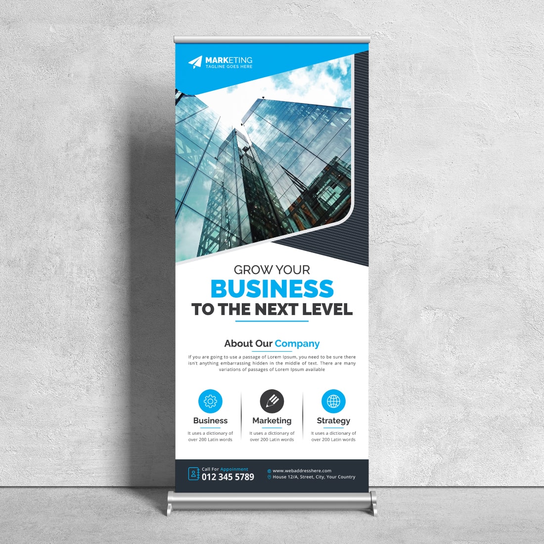 Image of a corporate roll up banner in a charming blue design