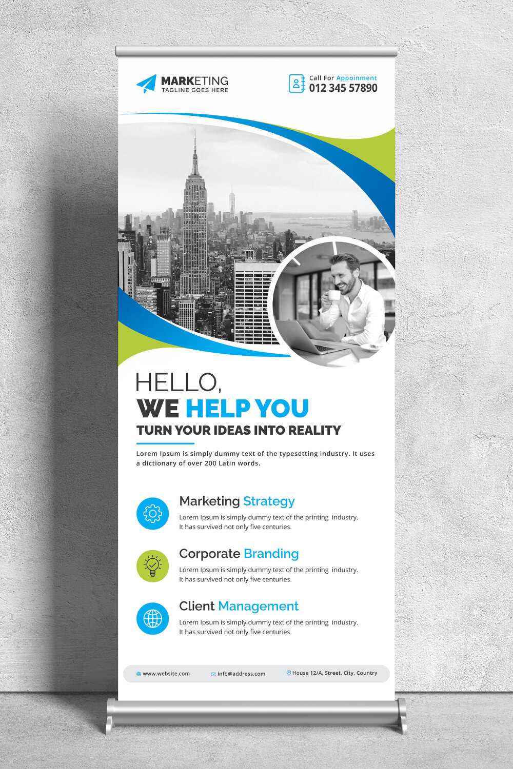 Image of corporate roll up banner in irresistible green design