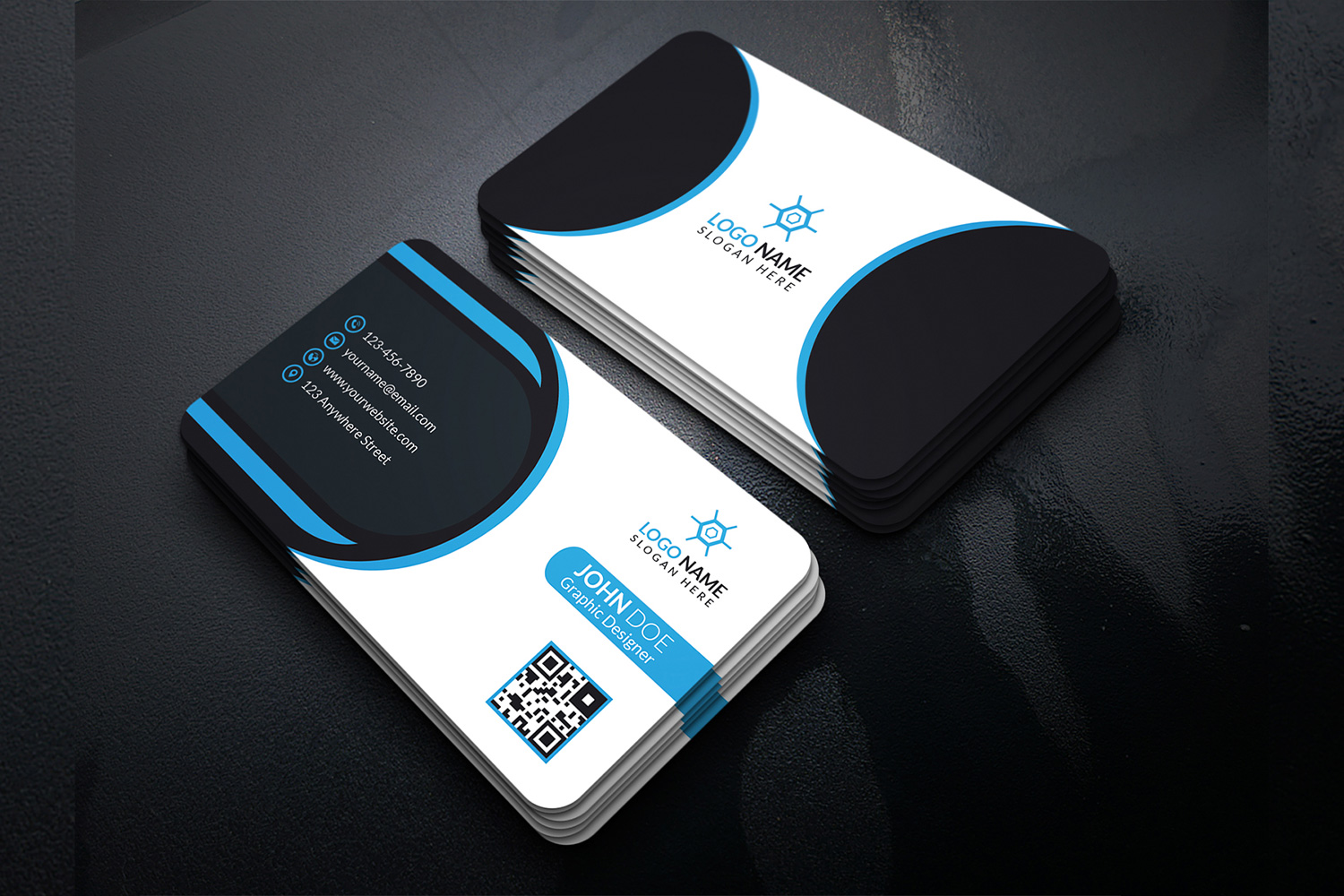 Minimalistic business cards with strong blue lines.