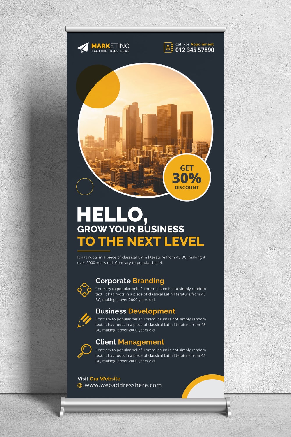 Image of corporate roll up banner in exquisite yellow design